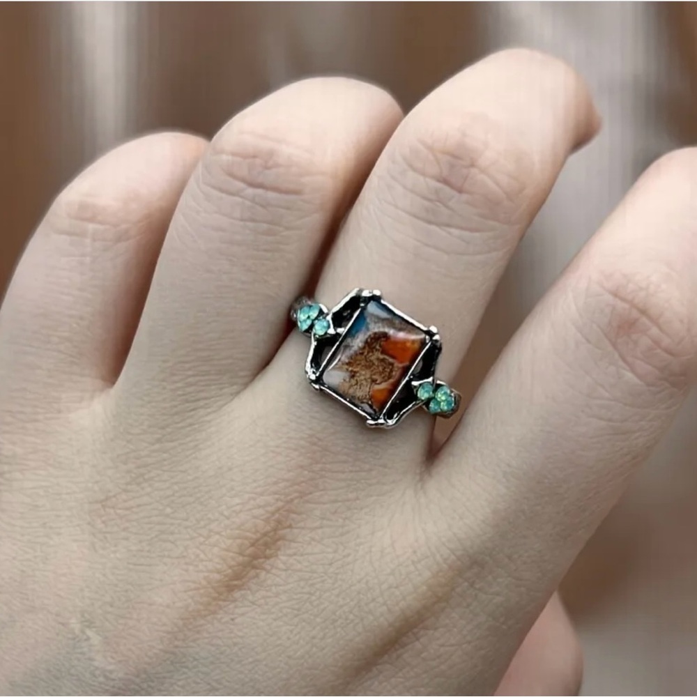 Boho Silver Ring with Brown and Green Stones - Picture 4 of 4